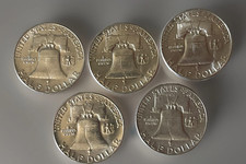 5x Ben Franklin Half DolIars 90 SiIver lot of 5 2.50 Face Value