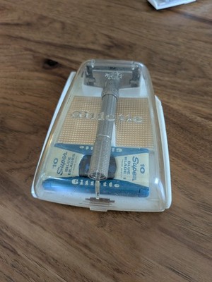 VTG GILLETTE Slim Adjustable DE Safety Razor Nickel Plate J1 w/ Blades Case