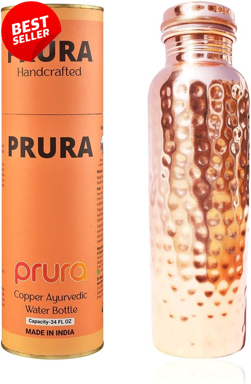 Hammered Copper Water Bottle Pure Ayurvedic Leak-Proof 32oz Drink More Water -US