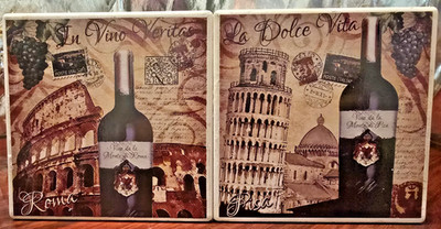  Pair of Ciao Italia Stoneware Italian Wine Ceramic Coasters with Cork Bottom 