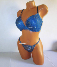 Victoria Secret Very Sexy Push-Up Bra set V-String panty Blue Sapphire Lace 38D