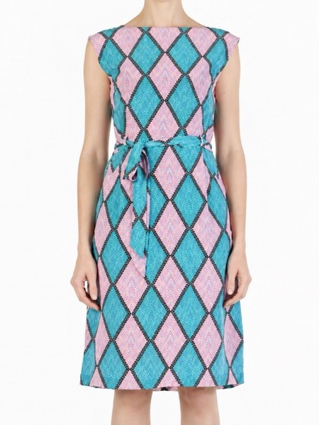 Gorman X Kate Goesk “Present” 100% silk belted pencil dress in aqua/lilac size 8
