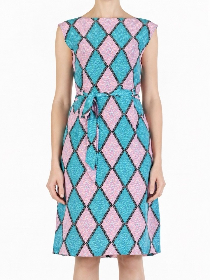 Gorman X Kate Goesk “Present” 100% silk belted pencil dress in aqua/lilac size 8
