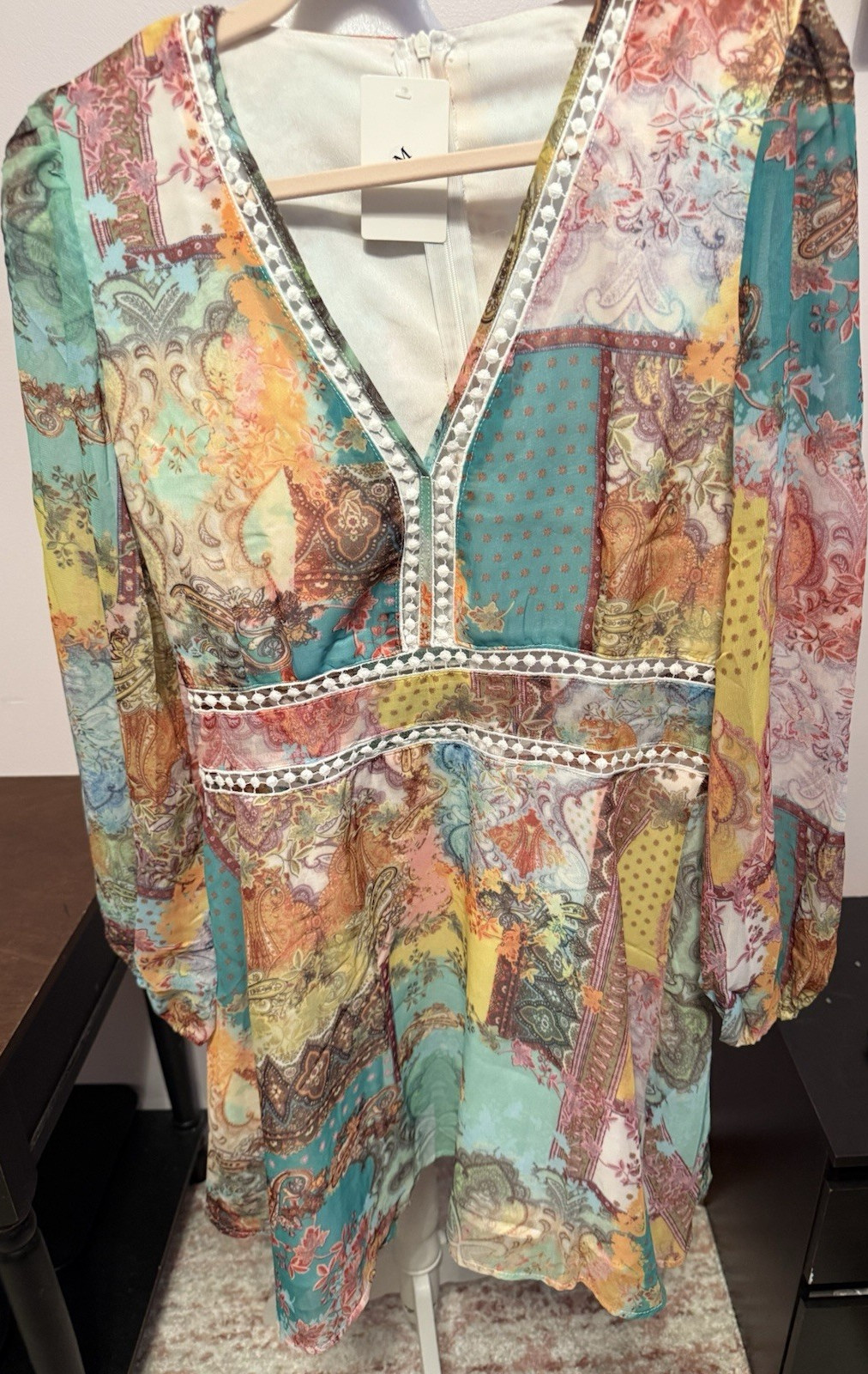 Multicolor Patchwork Crochet Accent A-Line Short Dress M V-Neck Long Sleeve Boho