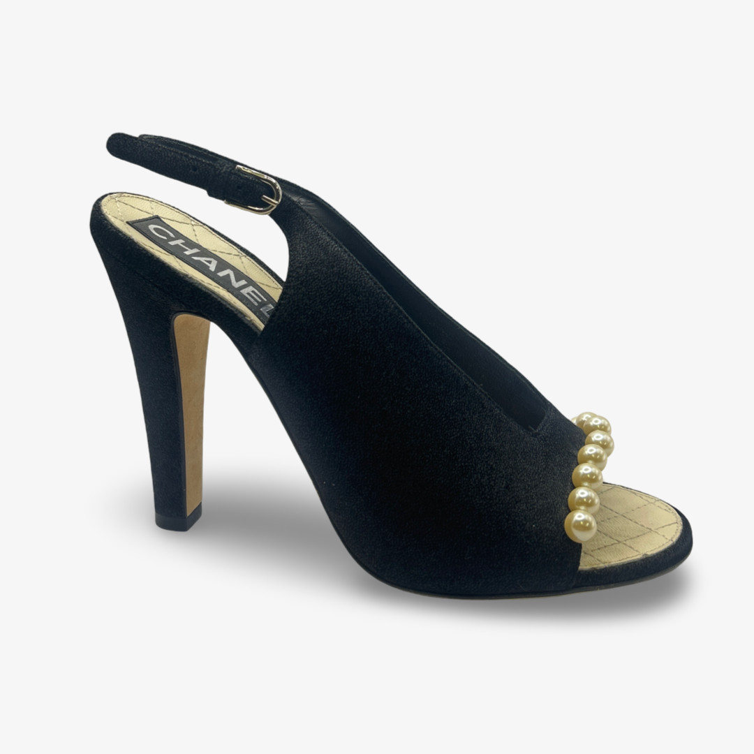 Chanel Black Suede Slingback Heels With Pearl Details, size EU39