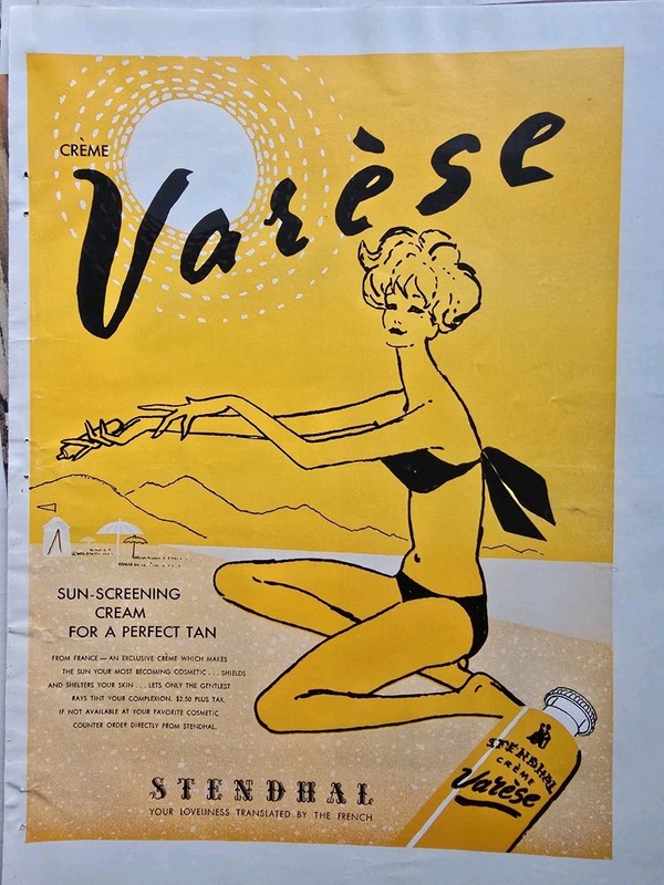 1959 Stendahl Creme Varese Suntan tanning swimsuit art Vintage Color Ad 
