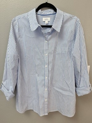 Croft & Barrow Womens XXL Blue White Striped Button Up Shirt Cotton Roll Tab 