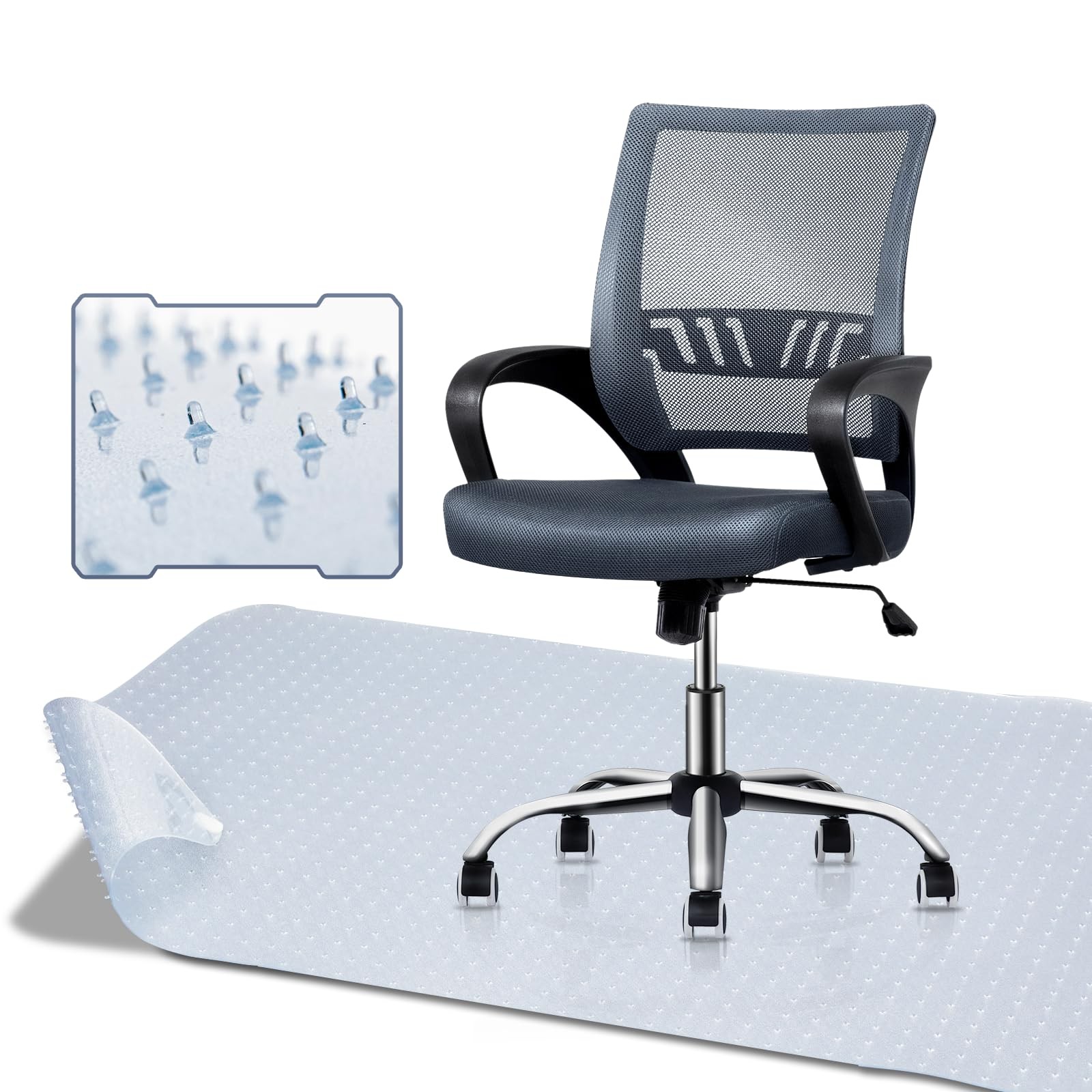 Office Chair Grey+ Protector Chair MAT, Mid Back Ergonomic Adjustable Swivel ...