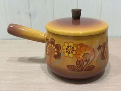 Kleine 70er orange Emaille Pfanne mit Blumenpfanne mit Deckel Retro Kitchenalia #B77