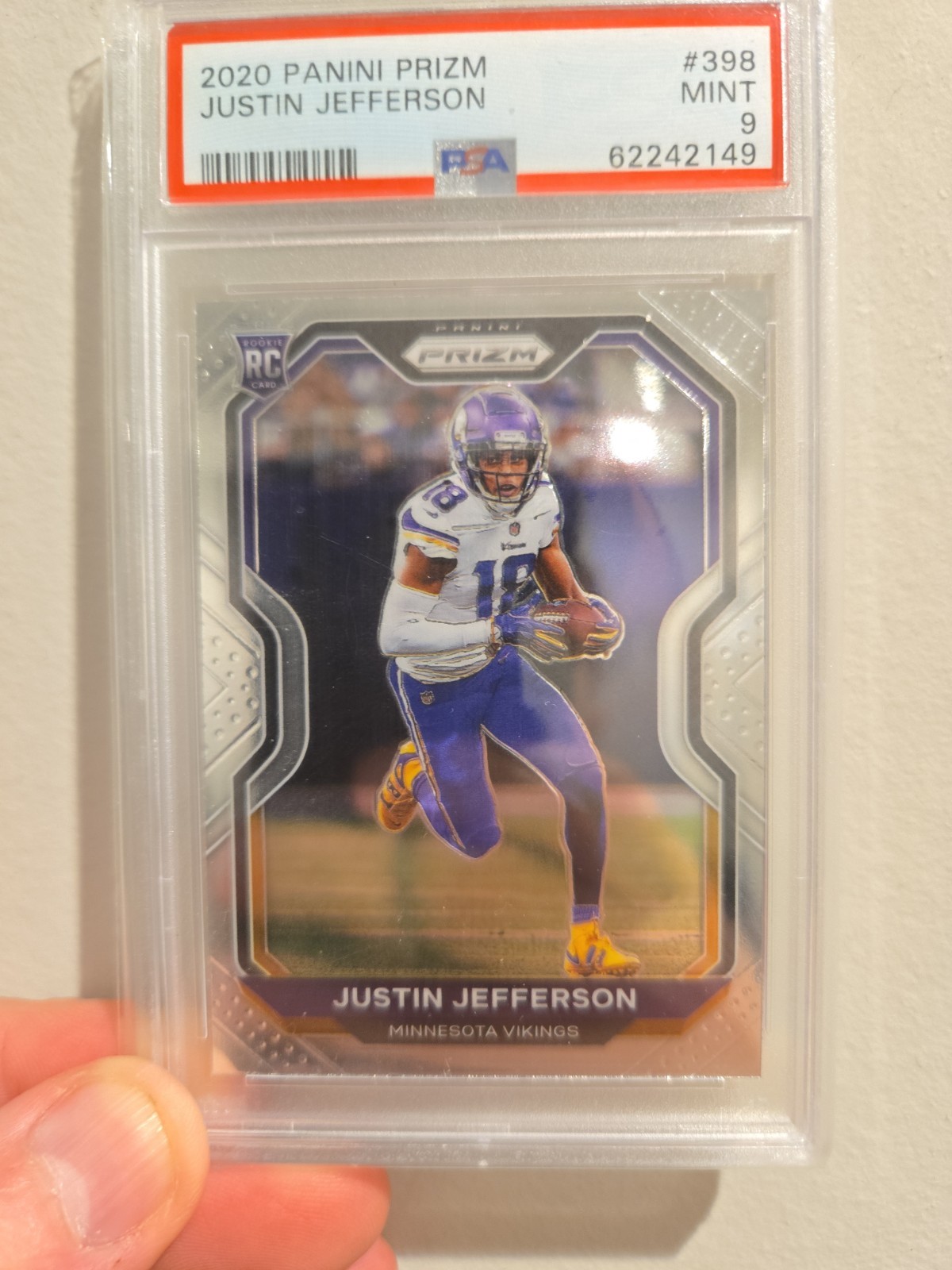 2020 Panini Prizm Justin Jefferson Rookie Card PSA Mint 9 Minnesota Vikings RC view 3