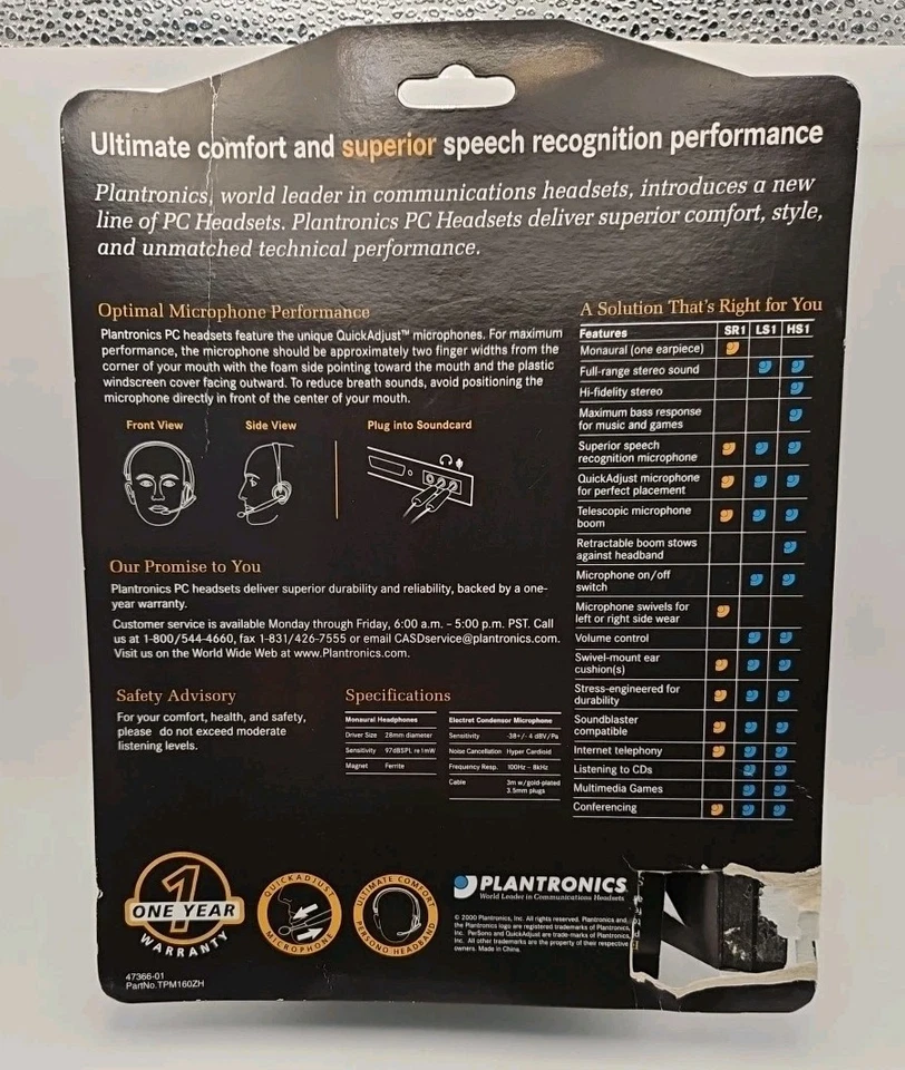 Plantronics SR1 PC Headset Noise Cancelling Speech Recognition NEW - Image 2 of 2