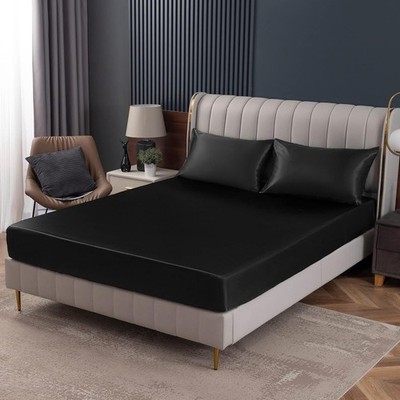 Black Satin Fitted Sheet Queen Size, Deep Pocket, Luxury & Ultra Soft Bedding