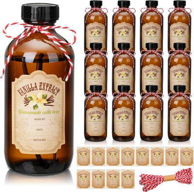 12 Pack Amber Glass Bottle Boston round Bottles with Caps Refillable Vanilla Ext