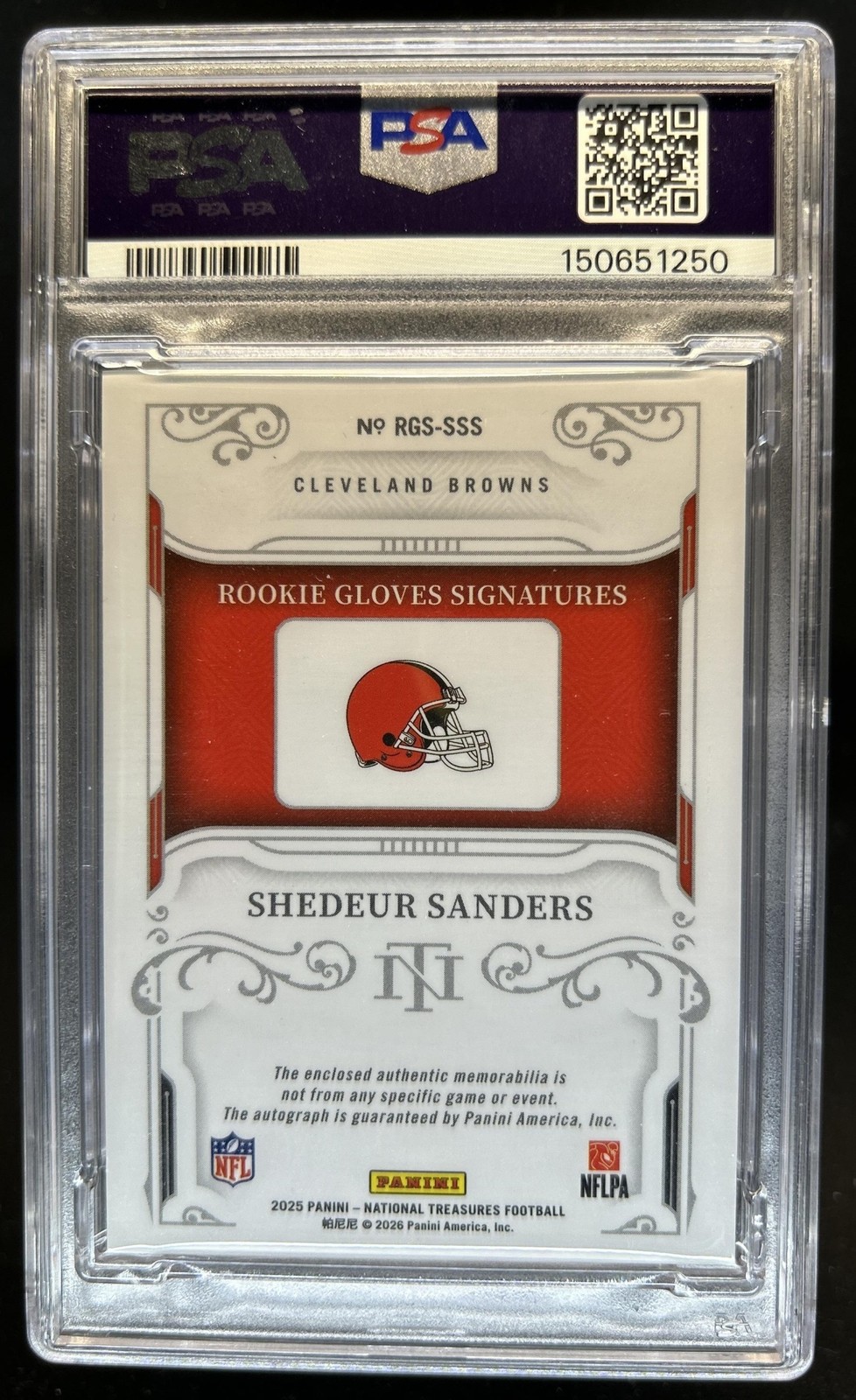2025 National Treasures Shedeur Sanders Rookie Patch NFL Shield Auto #1/1 PSA 8 view 2