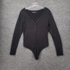 Abercrombie Fitch Bodysuit Womens M Medium Black Soft A F Cozy V Neck Thong