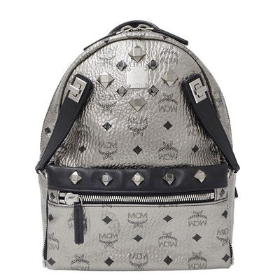 #ad MCM Viscetos Coated Canvas Dual Stark Silver Black Studs Pouch Backpack #BBB369 $627.64