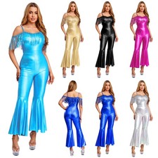 Women Metallic Shiny Sling Jumpsuit Tassel Sleeveless Bell Bottom Bodysuit Party
