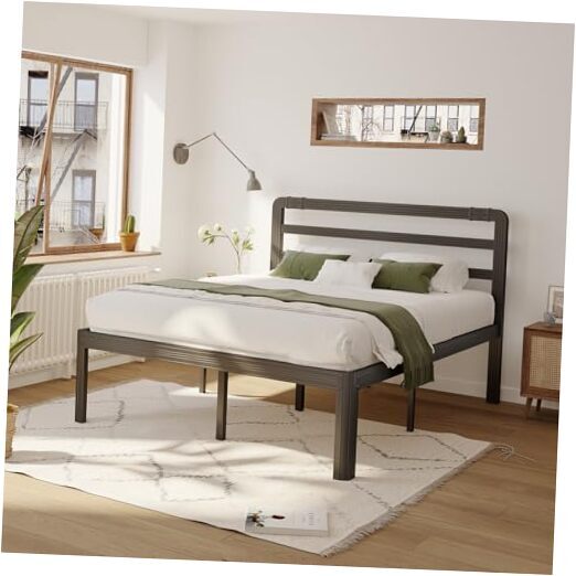 Queen Bed Frame with Headboard，18 Inch High Queen Size Bed Frame, Sturdy Noise