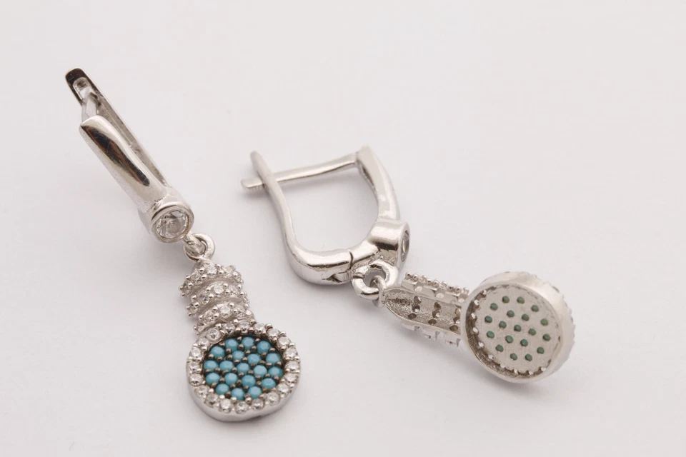 Pendientes Turcos Hechos a Mano Joyería Forma Redonda Turquesa Rodio 925 Esterlina Foto 2 de 2