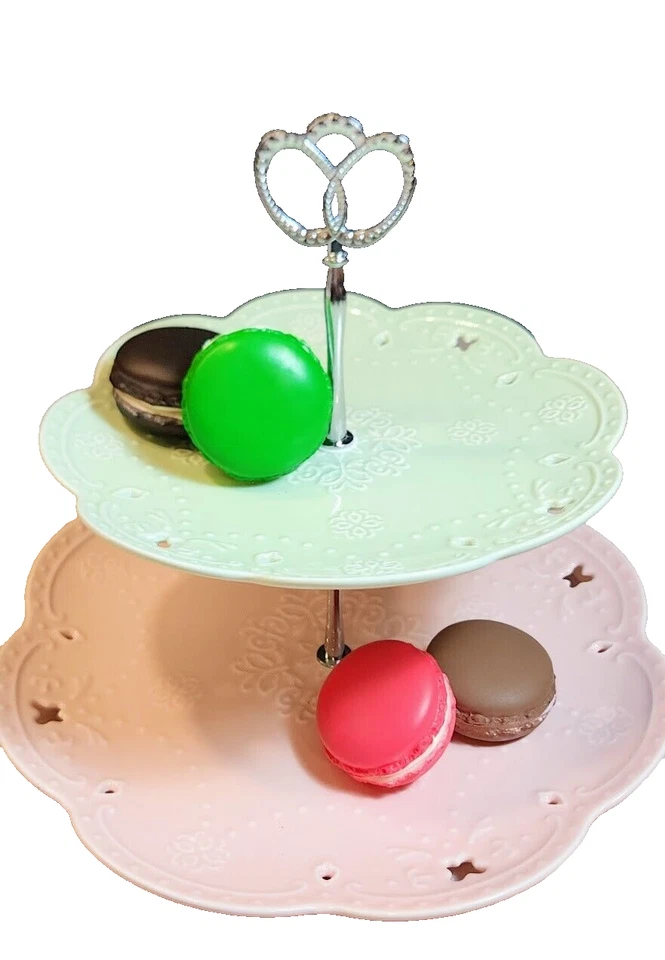 Bandeja para servir postres de té merienda verde menta rosa con soporte para pasteles de dos niveles intercambiable Foto 2 de 4