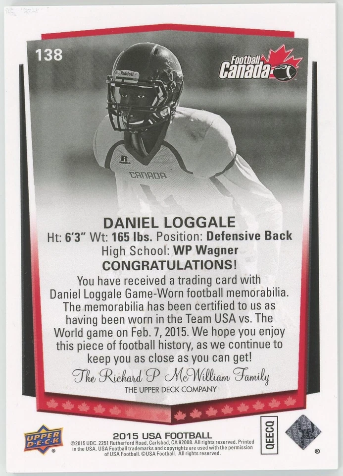 2015 Upper Deck USA Football Daniel Loggale Rookie Game Used Jersey #/99 RC #138 - Image 2 of 2
