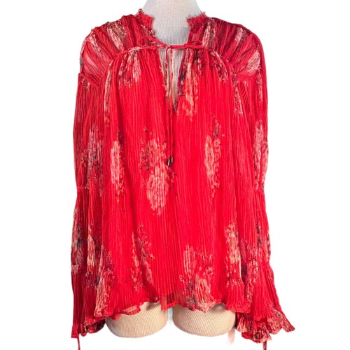 $128 Free People Women's Red Tie Neck Long Bell Sleeve Tunic Blouse Top Size XS - Picture 12 of 15