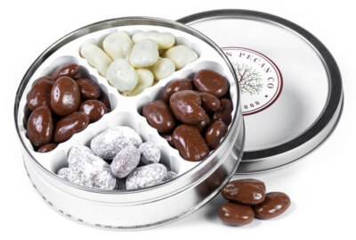 Four Chocolate Pecan Gift Tin | 1 lb or 2 lb | Millican Pecan | San Saba, Texas
