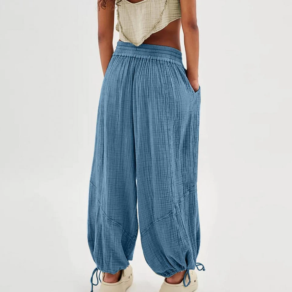 Women's Harem Pants Wide Leg Elastic Waist Vintage Cotton Linen Pockets XS-XL - Image 4 of 4