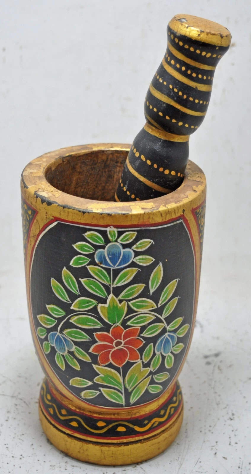 Vintage Wooden Motar and Pestle Spice Grinder Original Hand Carved New Painted