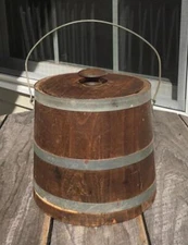 Vintage Small Spaulding & Frost Wood Firkin Pail Bucket Handle & Lid Freemont NH