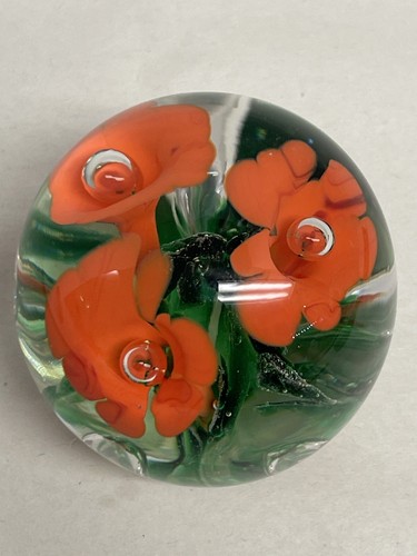 St Clair Glass Paperweight Controlled Bubble Orange Flower - Picture 3 of 10