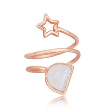 Star Moon Design 18k Rose Gold Plated Silver Moonstone Ring Women's Jewelry