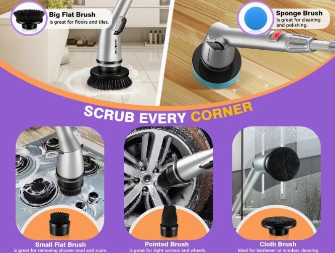 Rechargeable Cordless Electric Spin Scrubber with 5 Cleaning Brush