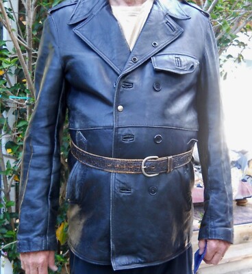 VINTAGE 60'S MEN'S BLACK HEAVY BUTTON LEATHER SPORT COAT SZ XLG
