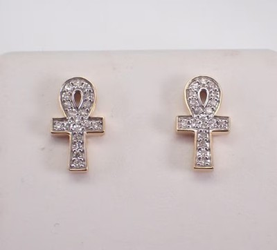 1.50Ct Round Cut Real Moissanite Ankh Stud Earrings 14K Yellow Gold Plated