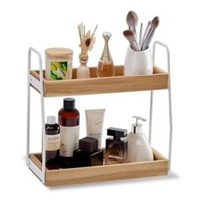 Acacia Wood 2-Tier Wooden Organizer Countertop, Natural White With White Steel