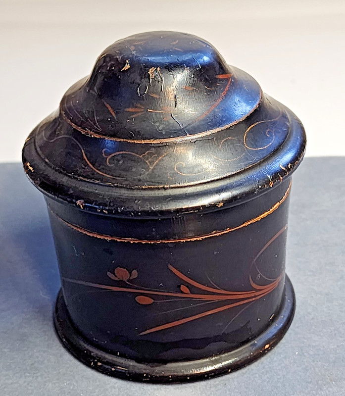 Antique Black Lacquer Toleware box Tea or Spice Caddy Hand Painted Chinoiserie
