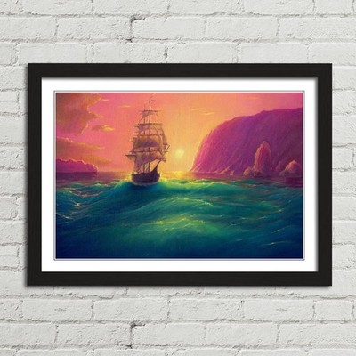 Segelschiff auf See Ölgemälde Leinwand gerahmter Druck Bild Wandbild