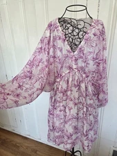 A New Day Xl Pink Whit Floral Long Puff Sleeve Baby Doll Short Dress