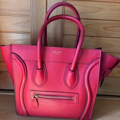 CELINE Micro Luggage Tote Bag Red Grained Drummed Calfskin Leather Handbag