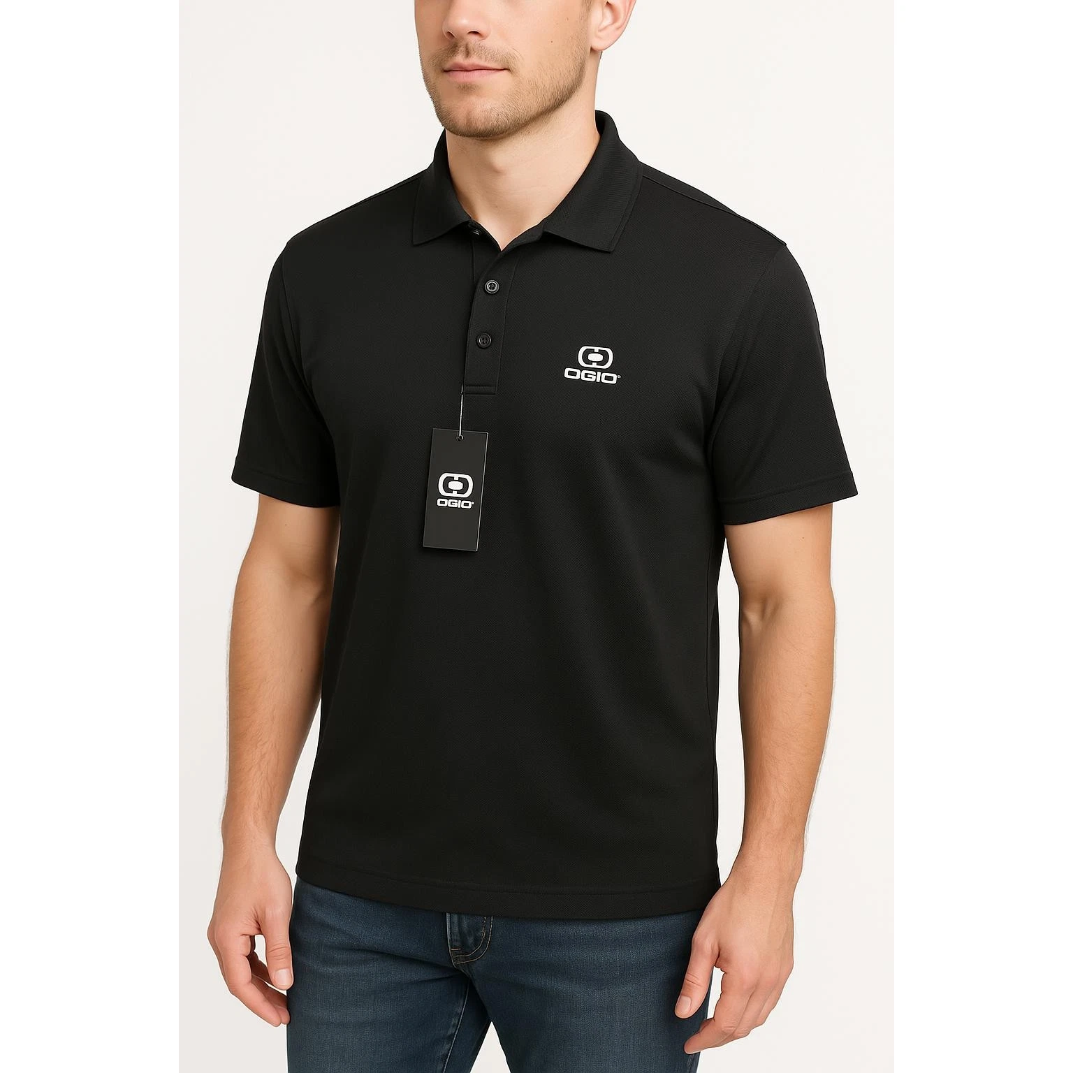 NWT OGIO LOG101 Black Short Sleeve Button Up Collar Polo Shirt Mens Medium