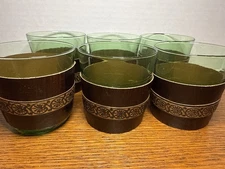 🇮🇹 Vintage Italian Green Glass & Leather Barware Tumblers Set of 6 Italy