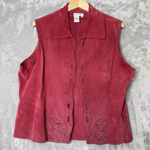 Coldwater Creek Weste Damen 1X Rot Leder Western Boho Blumen Cut Out Detail