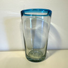 Mexican Hand Blown 6" Tumbler Glass Blue Rim Bubbles Art Tall Drink Thick Glass