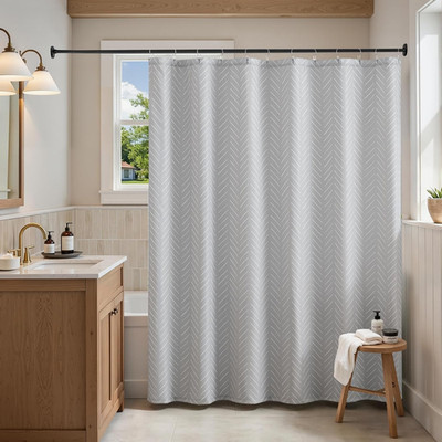 Grey Shower Curtain with White Herringbone Striped Zig Zag Chevron Waterproof Fa