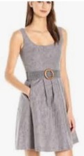 Nine West Woman Brown Fit Flare Belted Cotton Dress Pocket Zipper On The Back 18