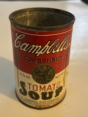 Empty can with label ''Campbell's TOMATO SOUP 10-1/2 OUNCES'' circa 1920's-1930's