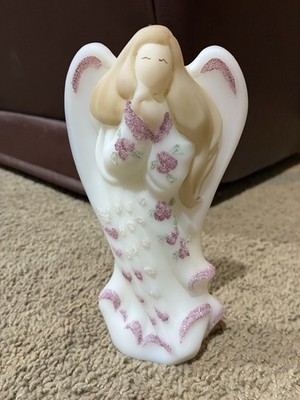 Fenton Radiant Angel Satin Milk Glass HandPainted 7.25  Signed J. Sindledecker