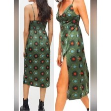 Urban Outfitters Green Floral Mariah Lace Up Midi Satin Slip Dress Size Small