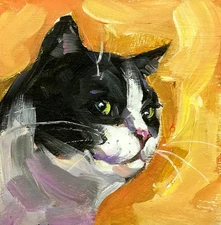 Original Oil Painting Black White Cat Cute Kitty Wall Art Signed